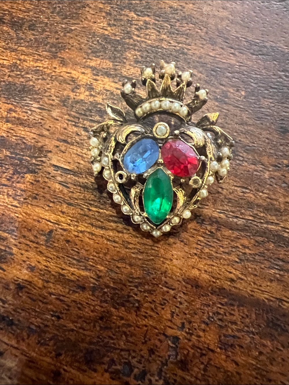 Vintage Multicolor Crown Heart Brooch - Green, Red & Blue